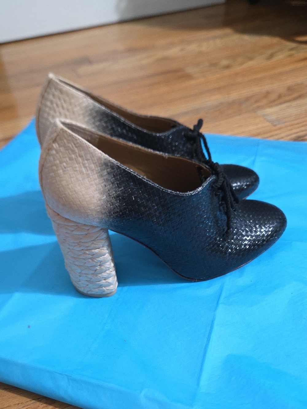 Tory Burch Black-to-Gold Ombre Lace-Up Block Heel Oxfords